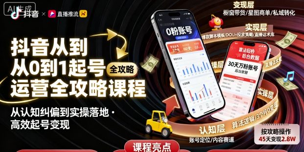 抖音从0到1起号运营全攻略课程,从认知纠偏到实操落地,高效起号变现|淘骐网赚资源库