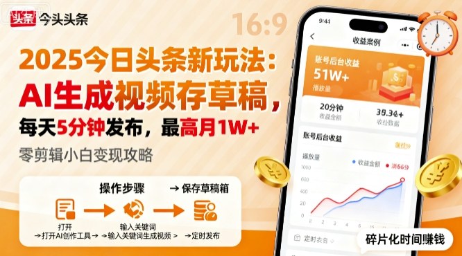 2025年今日头条躺賺新玩法,AI生成视频存草稿,每天5分钟发布,最高月1W+【揭秘】|淘骐网赚资源库