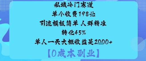 私域冷门赛道:单个收费198米引流模板简单人群精准转化45%单人一天大概收益是1k+|淘骐网赚资源库