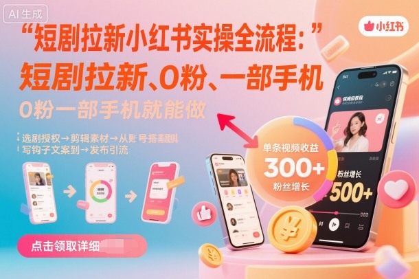 短剧拉新小红书实操全流程,0粉一部手机就可以做,详细教程|淘骐网赚资源库