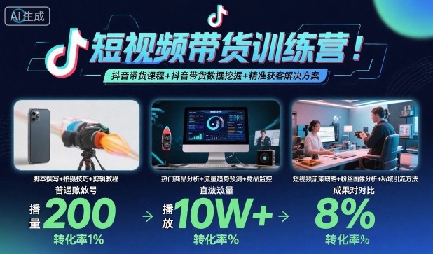 短视频带货训练营,抖音带货课程+抖音带货数据挖掘+精准获客解决方案|淘骐网赚资源库
