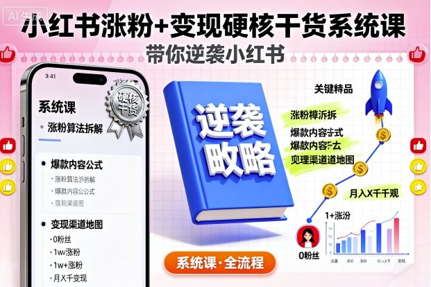 小红书涨粉+变现硬核干货系统课,带你逆袭小红书|淘骐网赚资源库