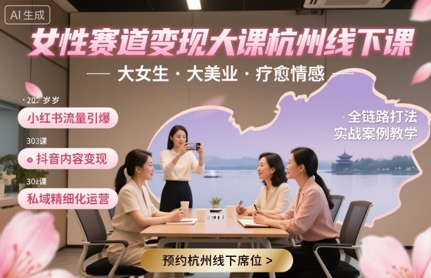 女性赛道变现大课杭州线下,大女生,大美业,疗愈情感,一套小红书、抖音、私域全链路打法|淘骐网赚资源库