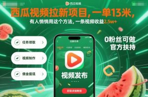 西瓜视频拉新项目,一单13米,有人悄悄用这个方法,一条视频收益2.5w+(附详细教程)|淘骐网赚资源库