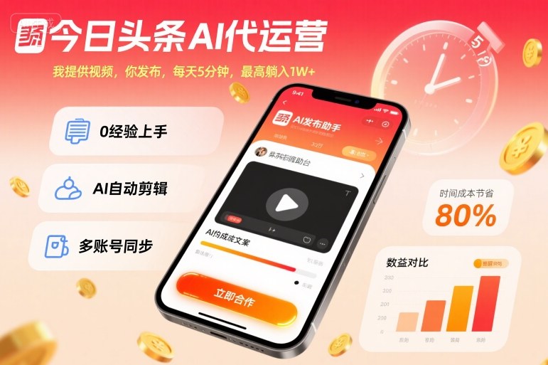 今日头条AI代运营，我提供视频，你发布，每天5分钟，最高躺入1W+【揭秘】|淘骐网赚资源库
