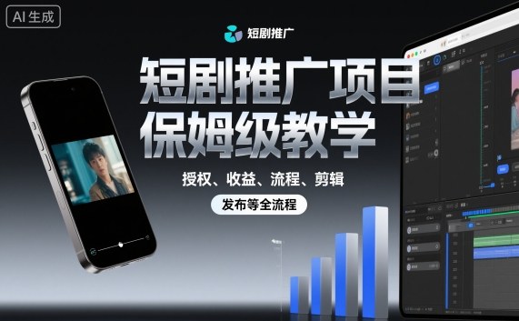 短剧推广项目保姆级教学,授权、收益、流程、剪辑,发布等全流程|淘骐网赚资源库