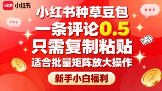 小红书种草豆包，一条评论0.5，只需复制粘贴，适合批量矩阵放大操作，新手小白福利|淘骐网赚资源库