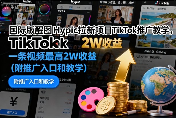 国际版醒图Hypic拉新项目TikTok推广教学，一条视频最高2W收益（附推广入口和教学）|淘骐网赚资源库