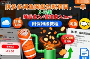 拼多多闲鱼网盘拉新项目,一单5-15米,睡后收入+管道收入1w+(附保姆级教程)|淘骐网赚资源库
