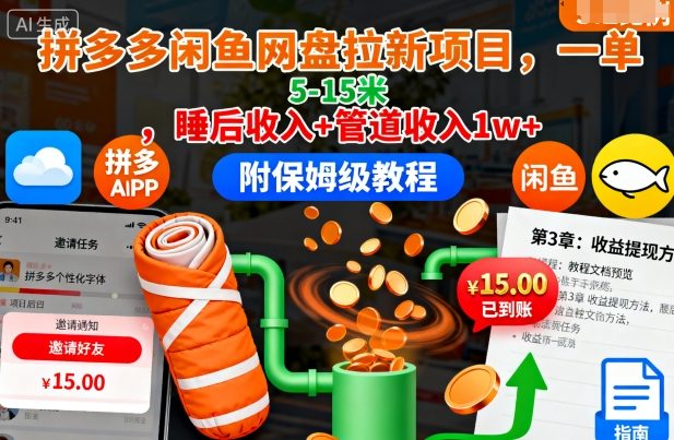拼多多闲鱼网盘拉新项目,一单5-15米,睡后收入+管道收入1w+(附保姆级教程)|淘骐网赚资源库