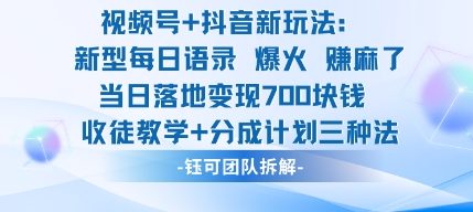 视频号加抖音新玩法：爆火新型每日语录，收徒教学加分成计划，三种变现玩法，当日变现7张|淘骐网赚资源库