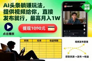 AI头条躺賺玩法,提供视频给你,直接发布就行,最高月入1W+【揭秘】|淘骐网赚资源库