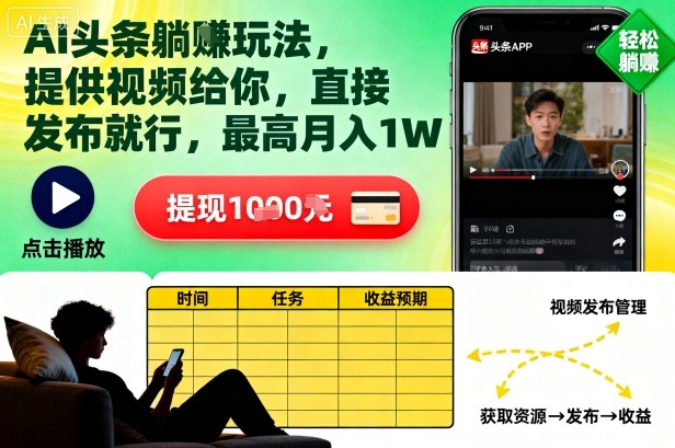 AI头条躺賺玩法,提供视频给你,直接发布就行,最高月入1W+【揭秘】|淘骐网赚资源库