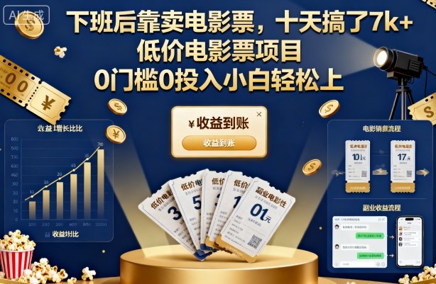 下班后靠卖电影票,十天搞了7k+,低价电影票项目,0门槛0投入小白轻松上手【揭秘】|淘骐网赚资源库
