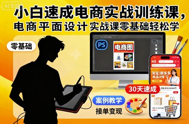 小白速成电商实战训练课，电商平面设计实战课零基础轻松学|淘骐网赚资源库