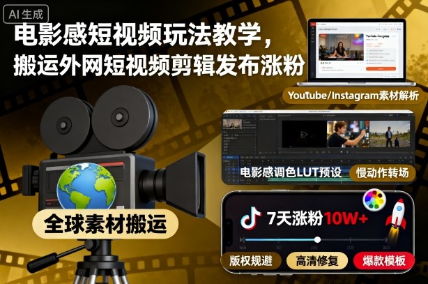 电影感短视频玩法教学,搬运外网短视频剪辑发布涨粉|淘骐网赚资源库