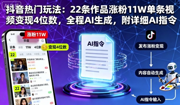 抖音热门玩法：22条作品涨粉11W单条视频变现4位数，全程AI生成，附详细AI指令|淘骐网赚资源库