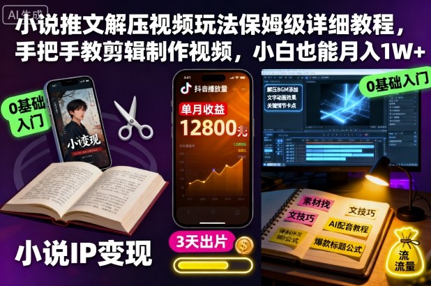 小说推文解压视频玩法保姆级详细教程,手把手教剪辑制作视频,小白也能月入1W+|淘骐网赚资源库