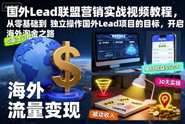 国外Lead联盟营销实战视频教程,从零基础到独立操作国外Lead项目的目标,开启海外淘金之路|淘骐网赚资源库