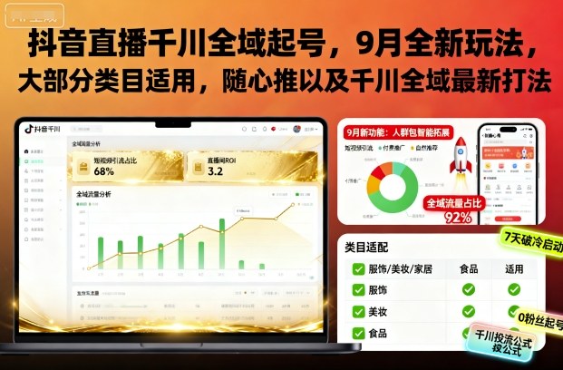 抖音直播千川全域起号,9月全新玩法,大部分类目适用,随心推以及千川全域最新打法|淘骐网赚资源库