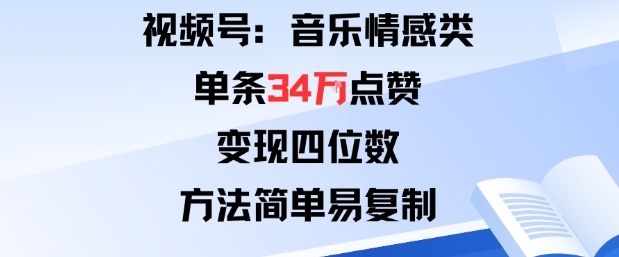 视频号分成计划新玩法：音乐情感类单条34W点赞，变现四位数，方法简单易复制|淘骐网赚资源库