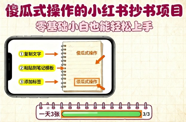 傻瓜式操作的小红书抄书项目,会复制粘贴就行,零基础小白也能一天3张|淘骐网赚资源库