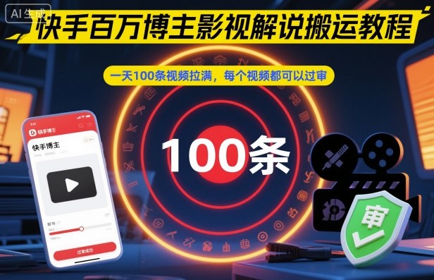 快手百万博主影视解说搬运教程，一天100条视频拉满，每个视频都可以过审|淘骐网赚资源库