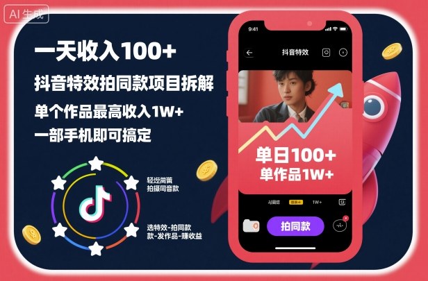 一天收入100+，抖音特效拍同款项目拆解，单个作品最高收入1W+，一部手机即可搞定|淘骐网赚资源库