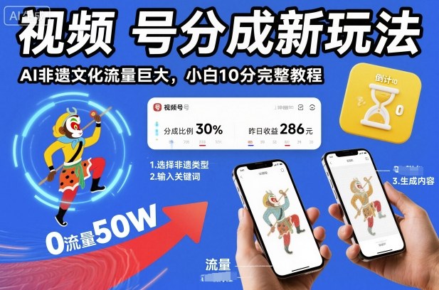 视频号分成新玩法，AI非遗文化流量巨大，小白10分钟搞定，完整教程|淘骐网赚资源库