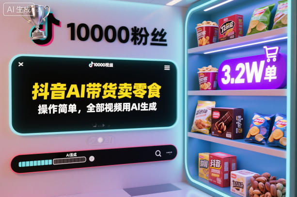 抖音AI带货卖零食,操作简单,全部视频用AI生成,一万粉丝,卖了3.2W单|淘骐网赚资源库