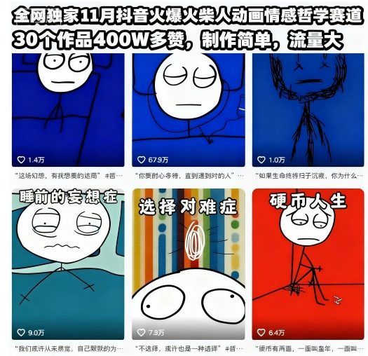 全网独家11月抖音火爆火柴人动画情感哲学赛道,30个作品400W多赞,制作简单,流量大【教学+素材】|淘骐网赚资源库