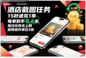 酒店截图任务,15秒速完1单,每单到手0.6米,每日任务无上限,全网首发玩法,矩阵操作单日3张【揭秘】|淘骐网赚资源库