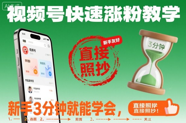 视频号快速涨粉教学,新手3分钟就能学会,直接照抄!|淘骐网赚资源库