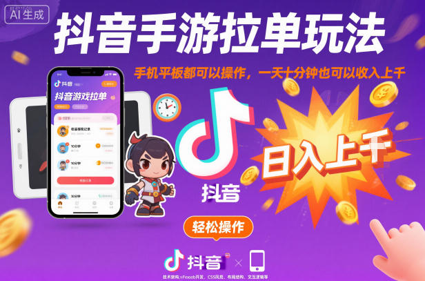 抖音手游拉单玩法,手机平板都可以操作,一天十分钟也可以收入上K【揭秘】|淘骐网赚资源库