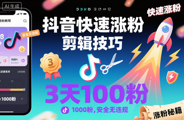 抖音快速涨粉剪辑技巧，3天1000粉，安全无违规|淘骐网赚资源库