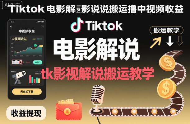 Tiktok电影解说搬运撸中视频收益,tk影视解说搬运教学|淘骐网赚资源库