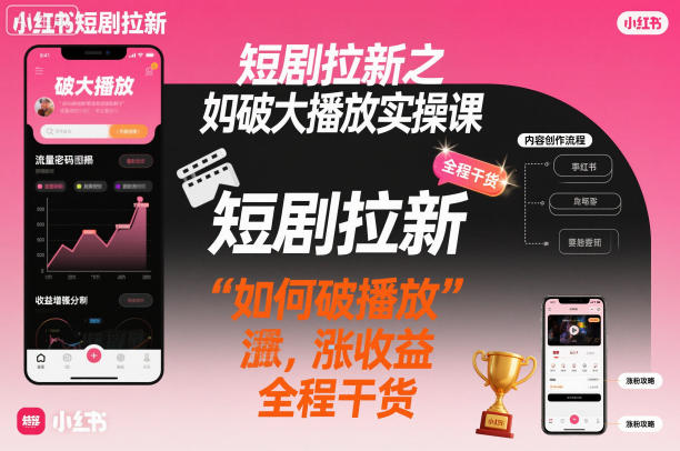 短剧拉新之小红书如何破大播放实操课，如何破播放，涨收益，全程干货|淘骐网赚资源库