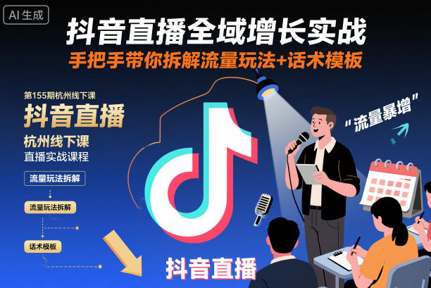 抖音直播全域增长实战第155期杭州线下课,手把手带你拆解流量玩法+话术模板|淘骐网赚资源库