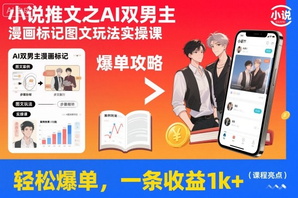 小说推文之AI双男主漫画标记图文玩法实操课，轻松爆单，一条收益1k+|淘骐网赚资源库