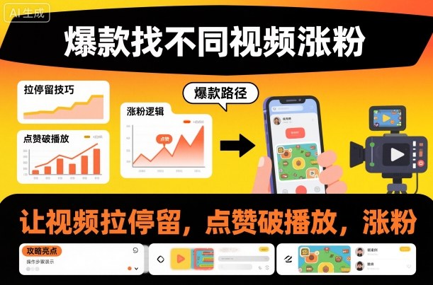 爆款找不同视频涨粉，让视频拉停留，实现点赞，破播放，涨粉|淘骐网赚资源库