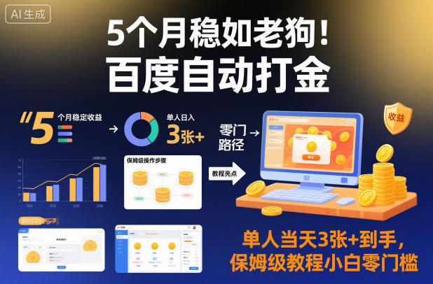 5个月稳如老狗!百度自动打金,单人当天3张+到手,保姆级教程小白零门槛【揭秘】|淘骐网赚资源库