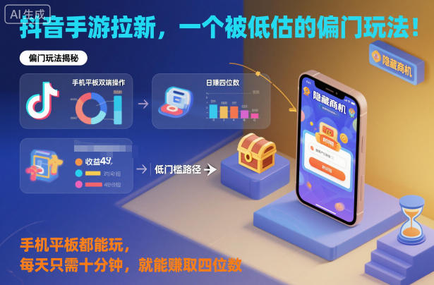 抖音手游拉新，一个被低估的偏门玩法！手机平板都能玩，每天只需十分钟，就能賺取四位数【揭秘】|淘骐网赚资源库