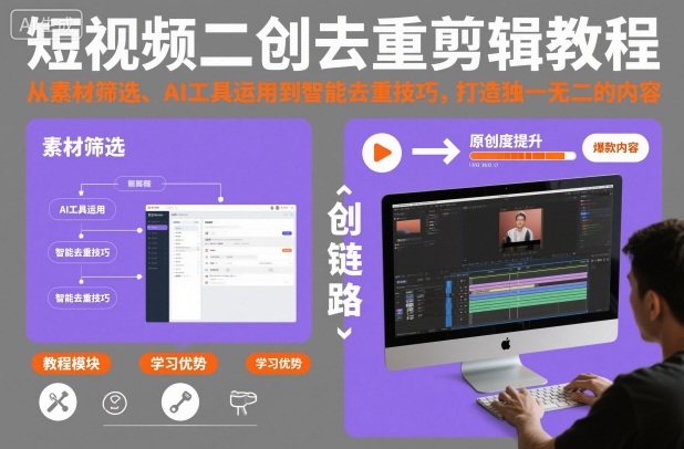 短视频二创去重剪辑教程，从素材筛选、AI工具运用到智能去重技巧，打造独一无二的内容|淘骐网赚资源库