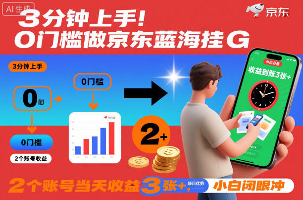3分钟上手！0门槛做京东蓝海全自动掘金，2个账号当天收益3张+，小白闭眼冲【揭秘】|淘骐网赚资源库