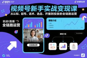 视频号新手实战变现课，从认知、起号、话术、选品、开播到投放的全链路运营|淘骐网赚资源库