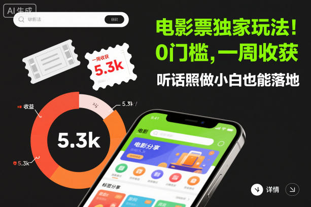 电影票独家玩法!0门槛,一周收获5.3k,听话照做小白也能落地【揭秘】|淘骐网赚资源库