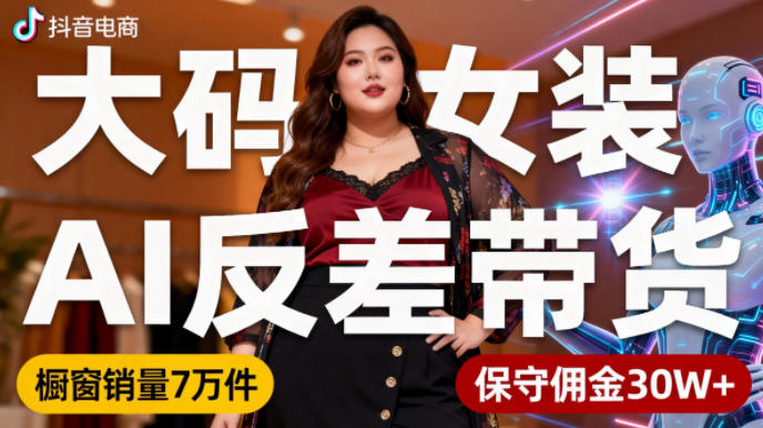 抖音小众赛道,大码女装AI反差带货,不用直播,每天6条作品,橱窗卖7万件,保守佣金30W+|淘骐网赚资源库