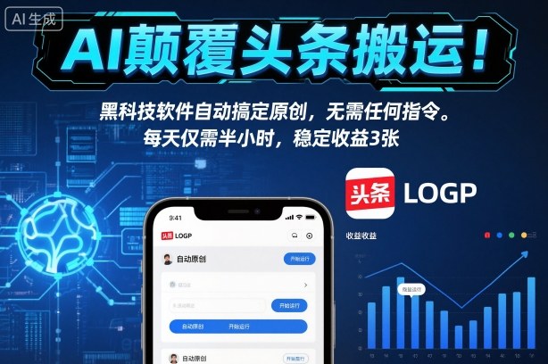 AI颠覆头条搬运!黑科技软件自动搞定原创,无需任何指令。每天仅需半小时,稳定收益3张【揭秘】|淘骐网赚资源库