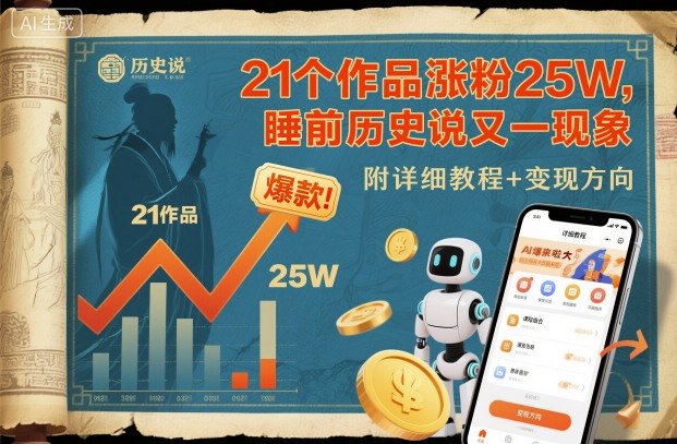 21个作品涨粉25W,睡前历史说又一现象级AI内容大爆款来啦,附详细教程+变现方向|淘骐网赚资源库