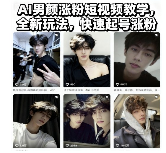AI男颜涨粉短视频教学，全新玩法，快速起号涨粉|淘骐网赚资源库